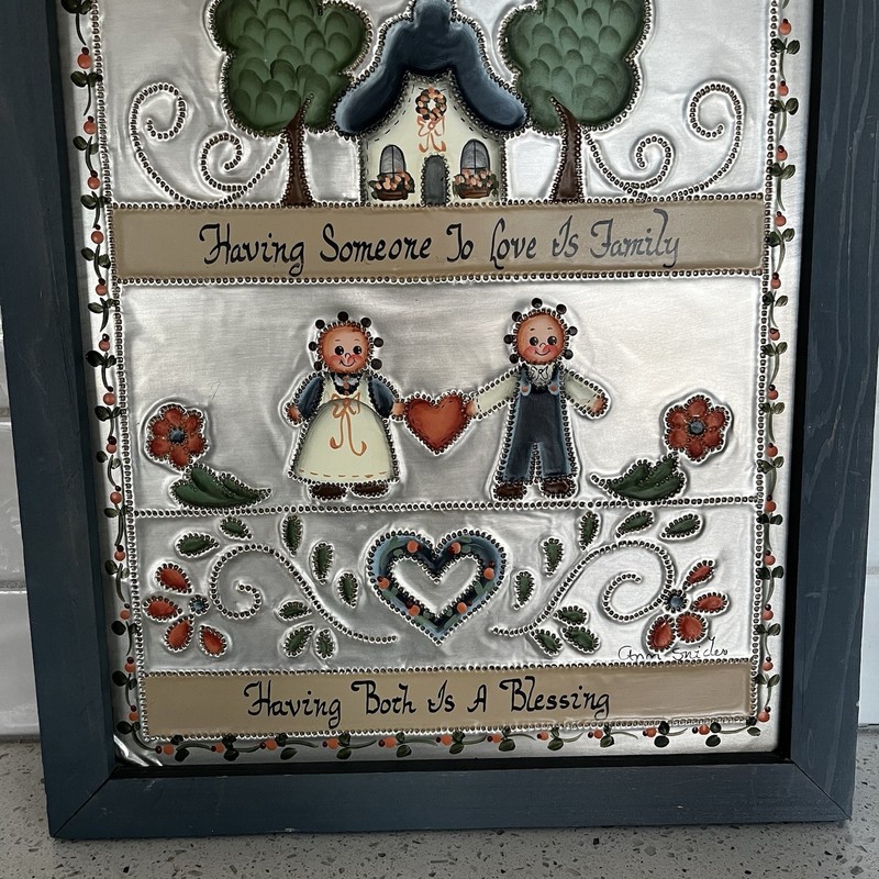 Vintage Handmade Punched Metal Painting Framed Folk Art Cottagecore Wall Artwork gallery