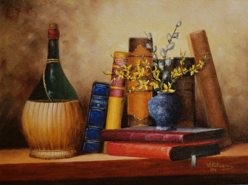 Orig 1996 Library Still Life Oil Painting Wolfgang Emil Hofmann Books Wine 40