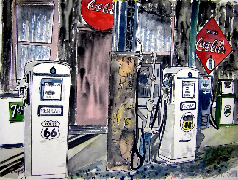 route 66 vintage gas station pen and ink drawing watercolor painting art print