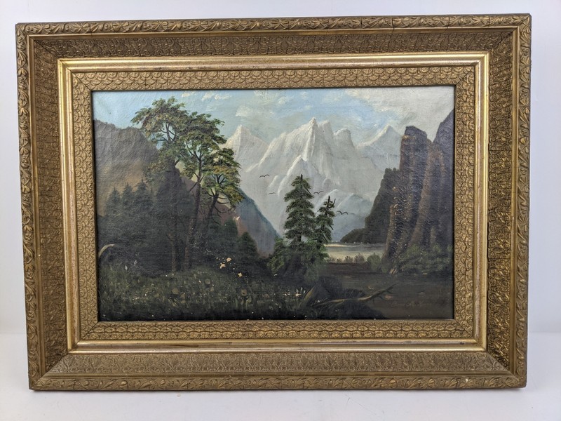 Antique 19th Century Oil Painting Canvas Landscape Signed Bessie M Haine 21″x28″