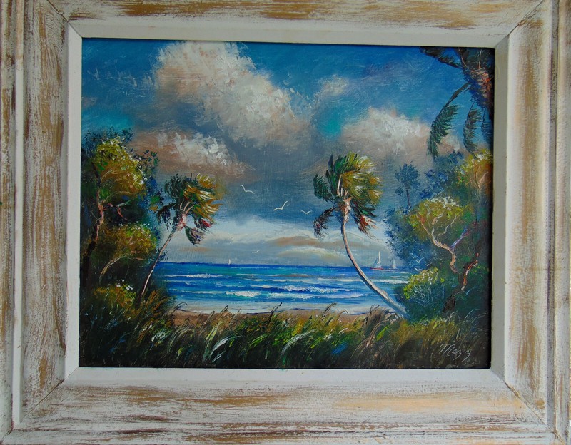 OIL PAINTING FLORIDA Seascape Sailboat Wide Crown Molding, Highwaymen style art