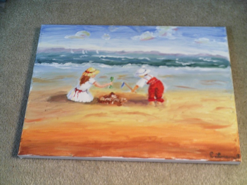 Unique Oil on Canvas Signed Painting Boy and Girl on Beach with Ocean