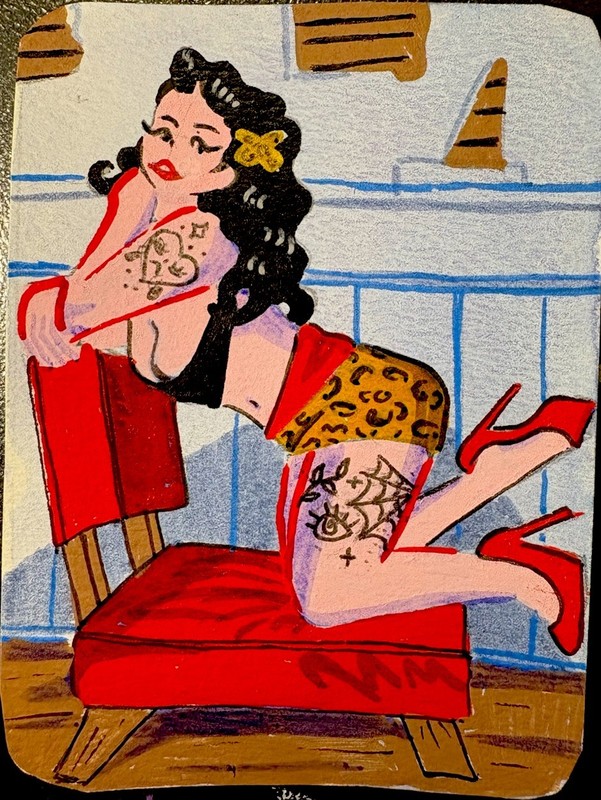 ACEO Original Tattoo Pinup Acrylic on Paper 2.5×3.5 by BrieMcDoodles