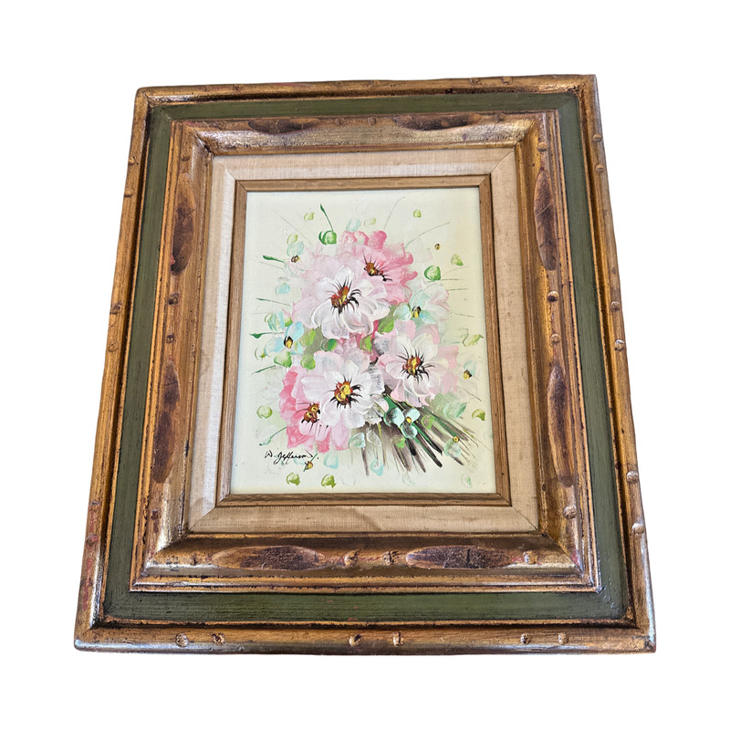 Signed Factory Art Floral Still Life Painting in Layered Gilt Frame