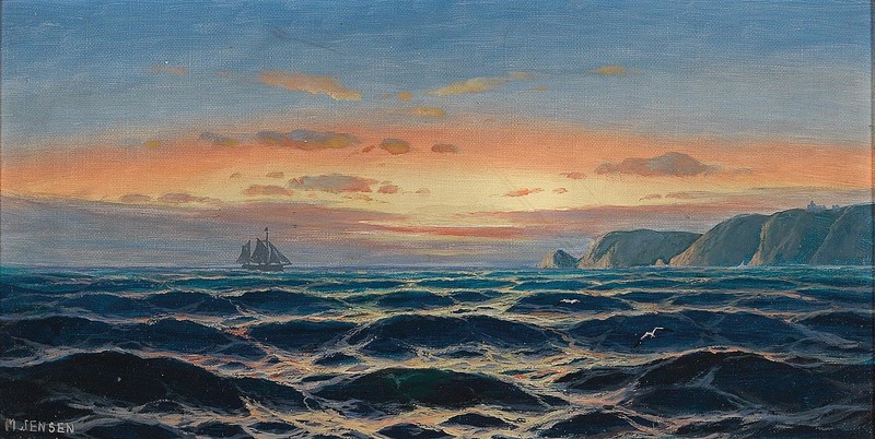 Oil Painting repro Max Jensen Sailing Ship by the Coast in the Evening Light