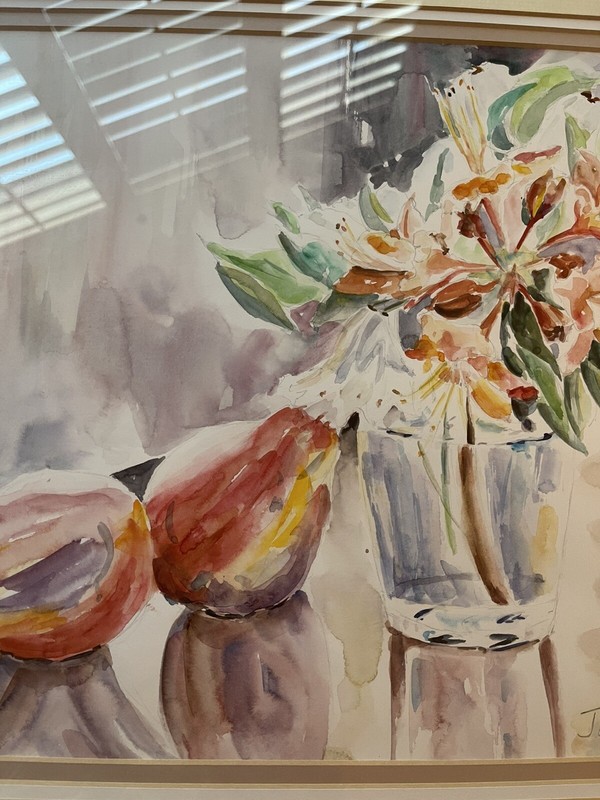 Watercolor Lilies Flowers and Pears Triple Matted Framed ~20×17” Signed