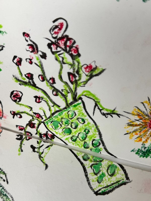 Original Mixed Media Floral Artwork 17x17 Whimsical Vase Drawing Oil Pastel Wall gallery