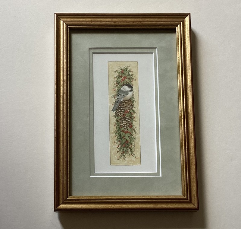 Nancy J Shumaker Pallan Watercolor Painting, Christmas Chickadee, Signed & Dated