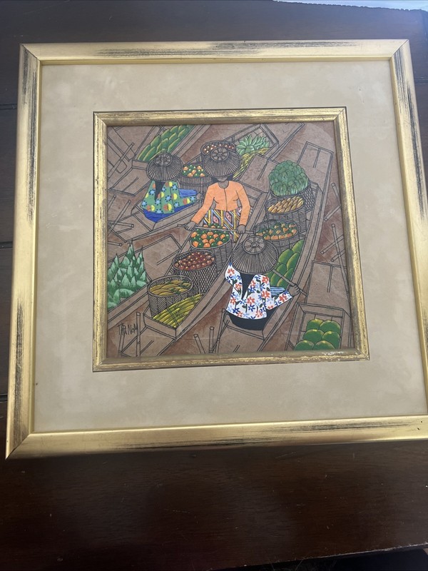 Asian Thai Expressionist Leaf painting-Artist Thanom-Vintage-Mid Century Modern gallery