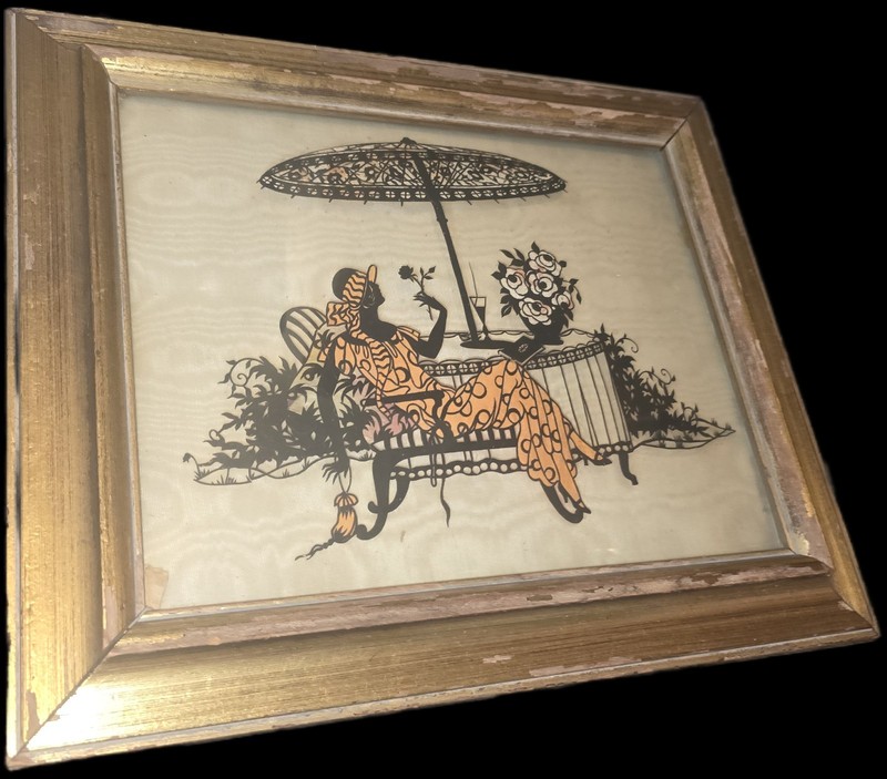 Emmerich Tansi Scherenschnitt Silhouettes Lady with Parasol Reverse Glass 14″