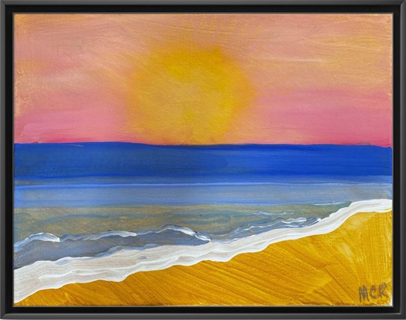Beach Sunrise Pink Ocean 11×14 Original Canvas Mixed Media Art Signed by MCR