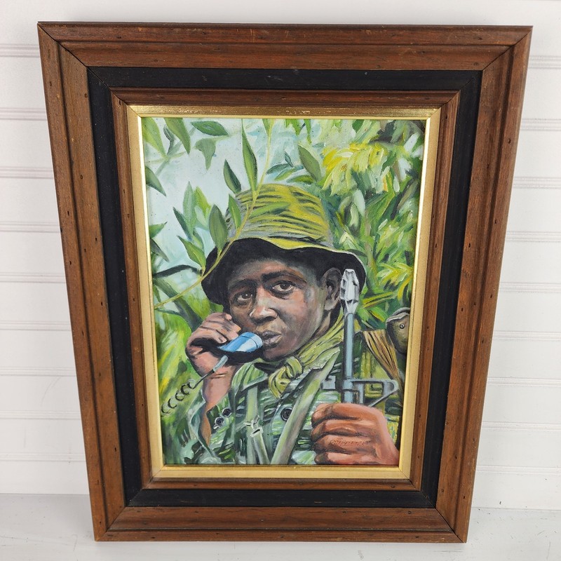 Black Soldier in Jungle Using Radio Handset Oil Painting Canvas Framed 19″ x 15″
