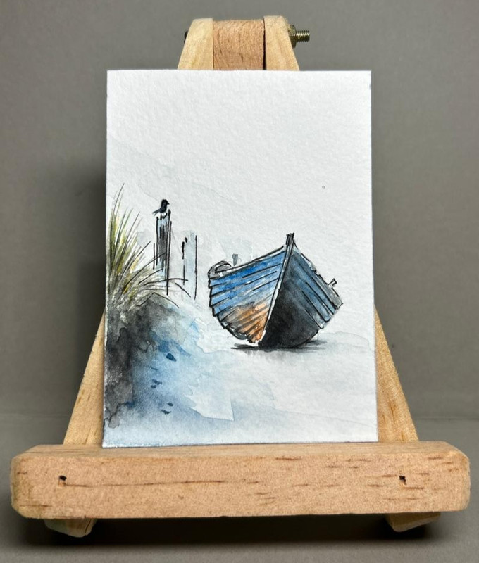 Original Watercolor Painting ACEO OOAK Blue Boat Seascape Beach Nautical Art