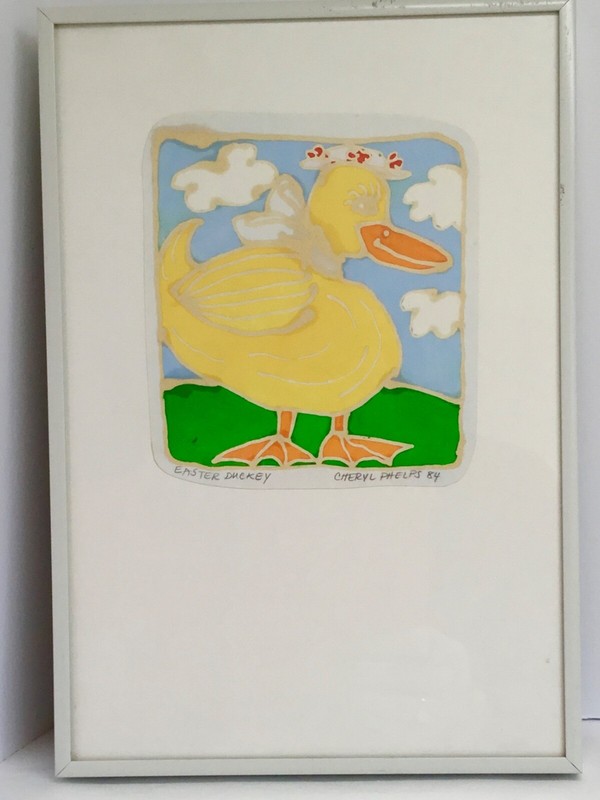 Painting signed green blue yellow glass wax resists framed dated white