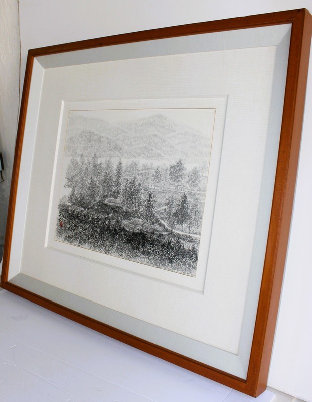 ORIGINAL INK ON PAPER SIGNED CHINESE SEAL RED STAMP CHOP COUNTRYSIDE VILLAGE gallery