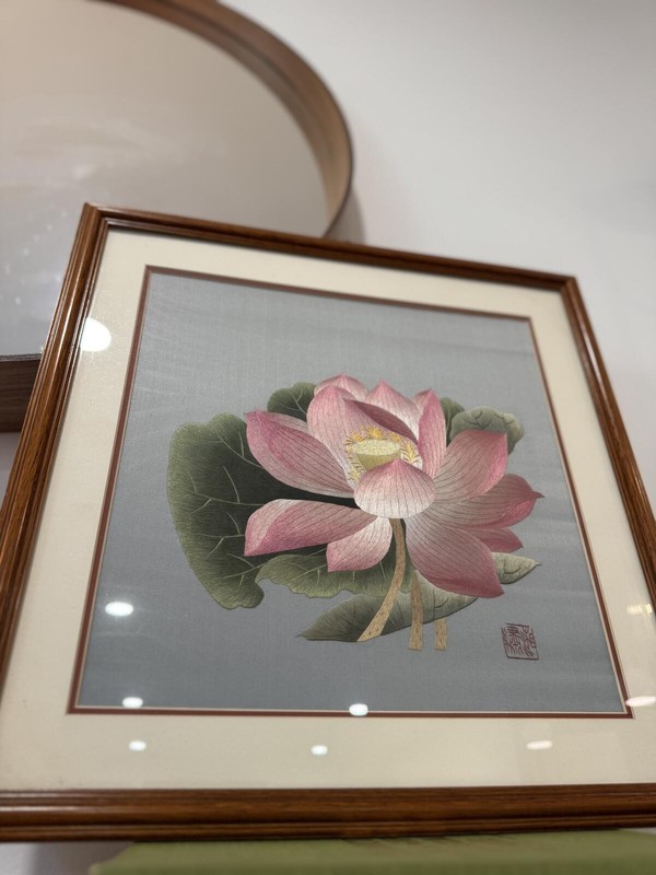 Chinese Silk Painting Embroidery Pink Lotus Flower Framed Signed by Artist gallery