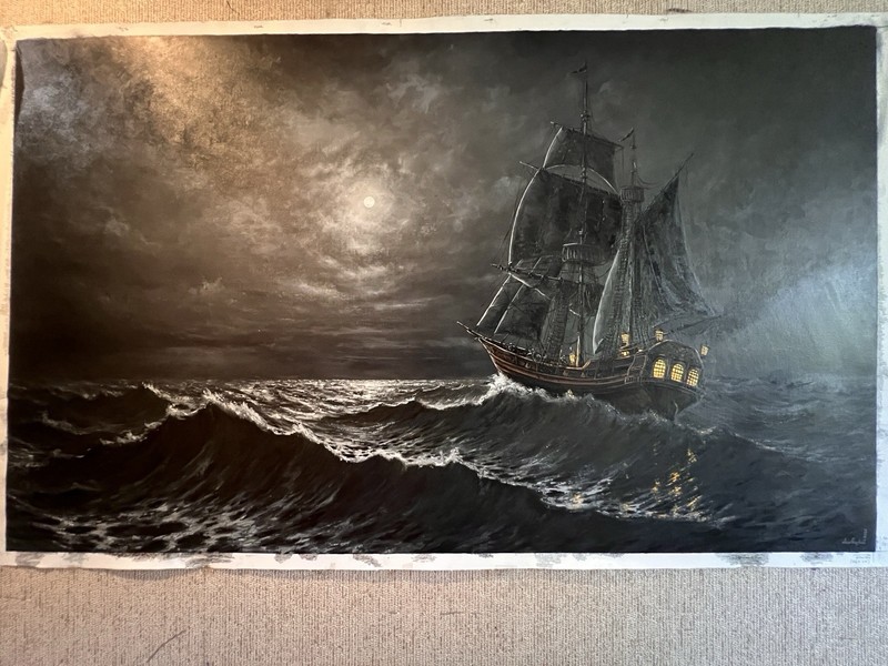 Original Galleon Ship Oil Painting, Moonlight Nocturne Huge Fine Art Seascape gallery