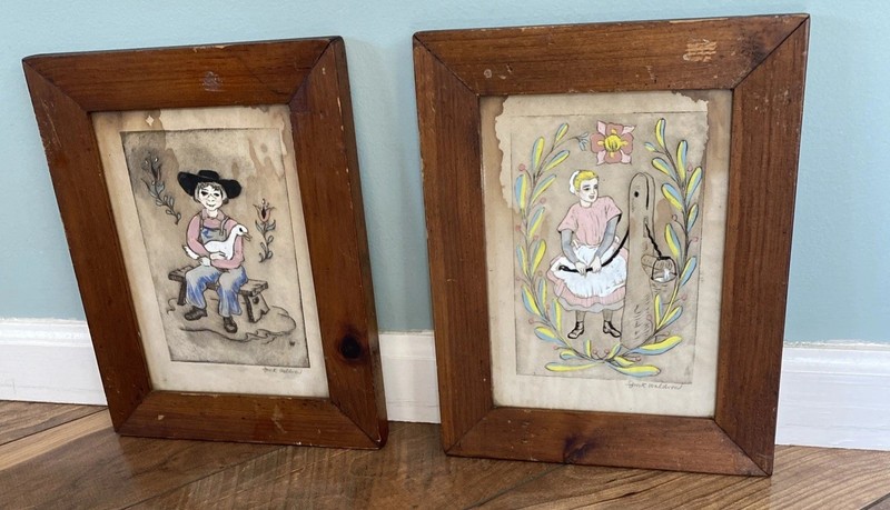2 VTG Signed Watercolor Dutch Paintings Children Goose Orig Dark WoodFrame/Glass