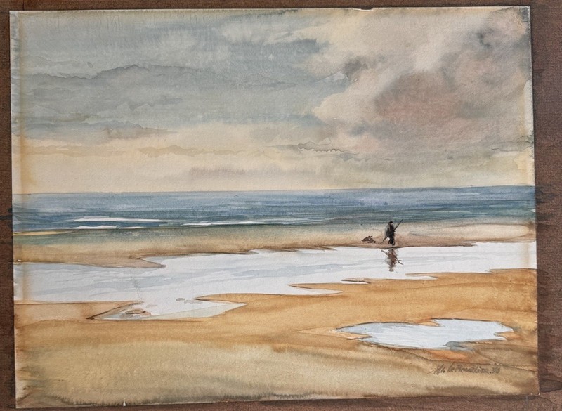 Michel Le Bourlier 1976 Original Watercolor Figure on Beach Mounted on Board