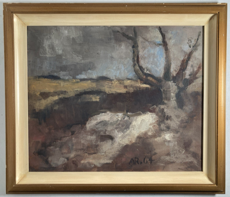 Vintage Original Oil Painting Old Impressionist Stormy Landscape Tree Signed 64