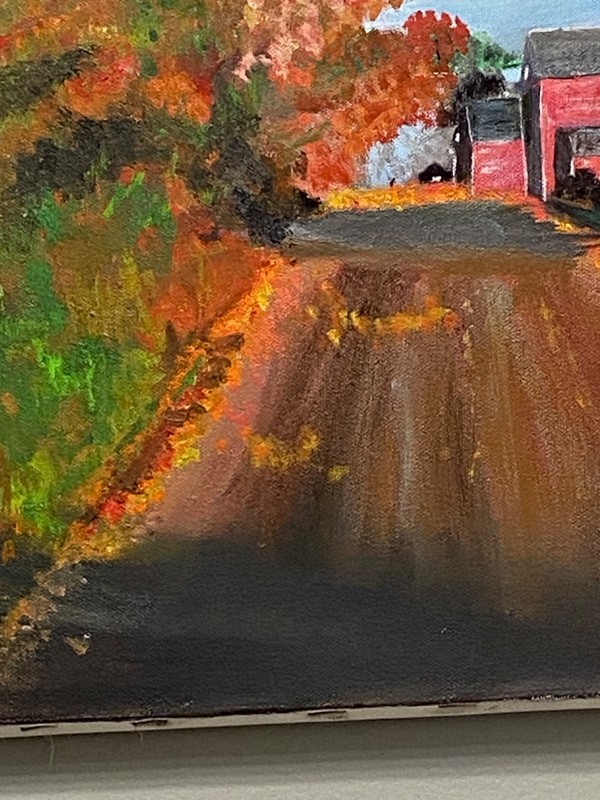Autumn Scene Oil on Canvas Painting Signed 24”W x 18”H Vibrant, Farm Trees Road gallery