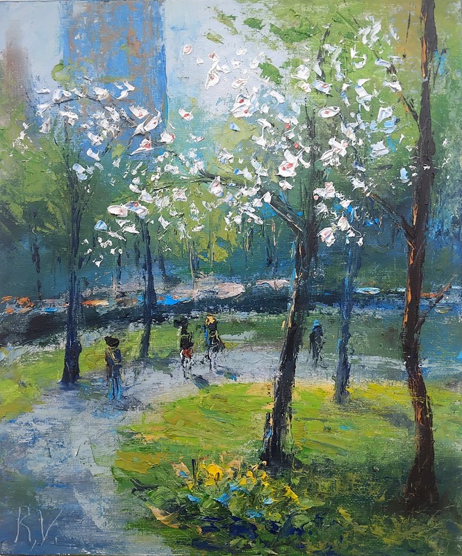 NYC Central Park Spring Cherry Tree Blossom 10×12″ Impressionistic Oil Painting