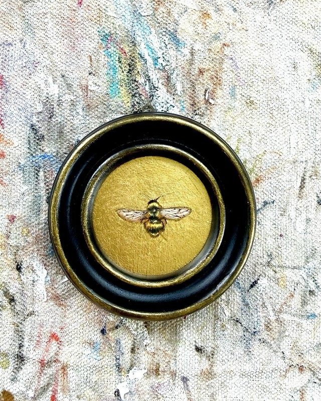 Original Bee Miniature Realism Oil Painting Small Framed Gold Leaf Art gallery