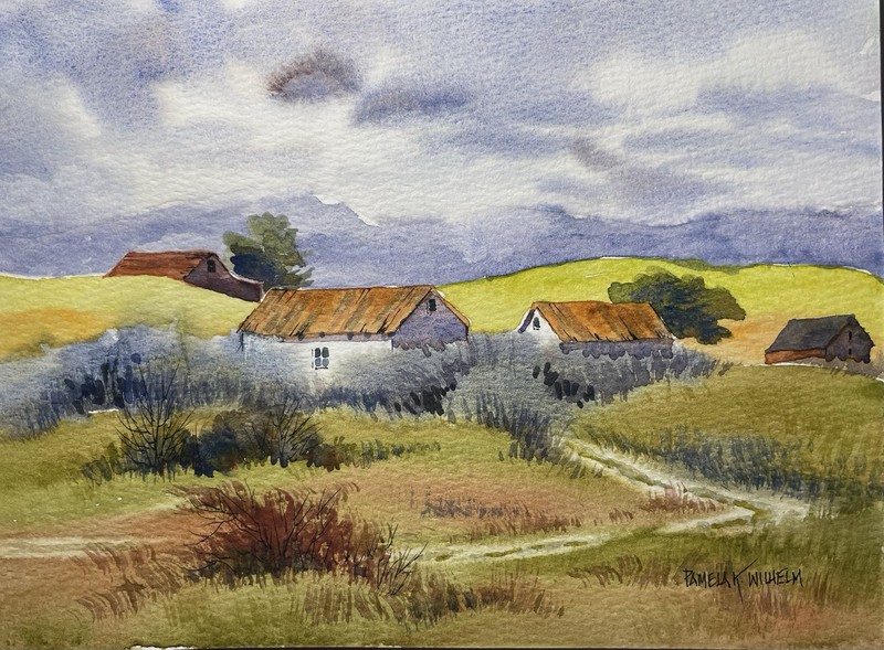 Pamela Wilhelm Watercolor 6”x8” Hills landscape Farm House Sheds Early Autumn