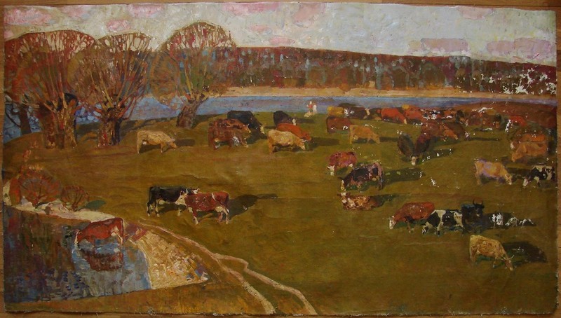 Ukrainian Soviet USSR Oil Painting impressionism Landscape village herd cows