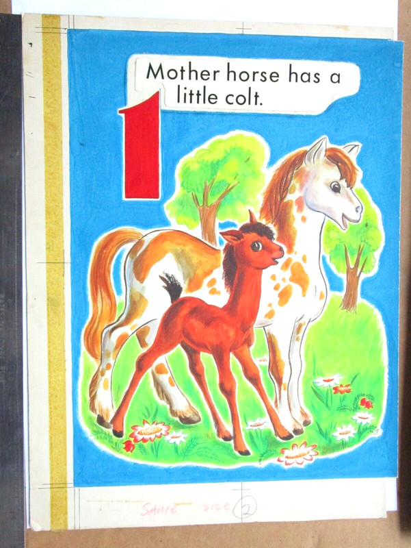 CHILDREN'S BOOK PAINTING 1950s HORSE - COUNT THE ANIMALS ORIGINAL drawing art gallery