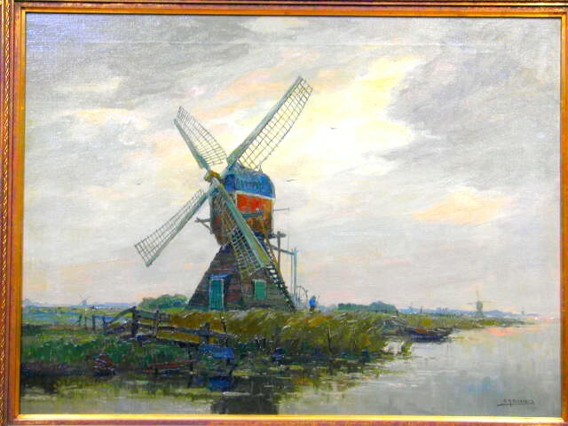 Painting by C. A. Bartels Dutch Seascape with Windmill around 1930 gallery