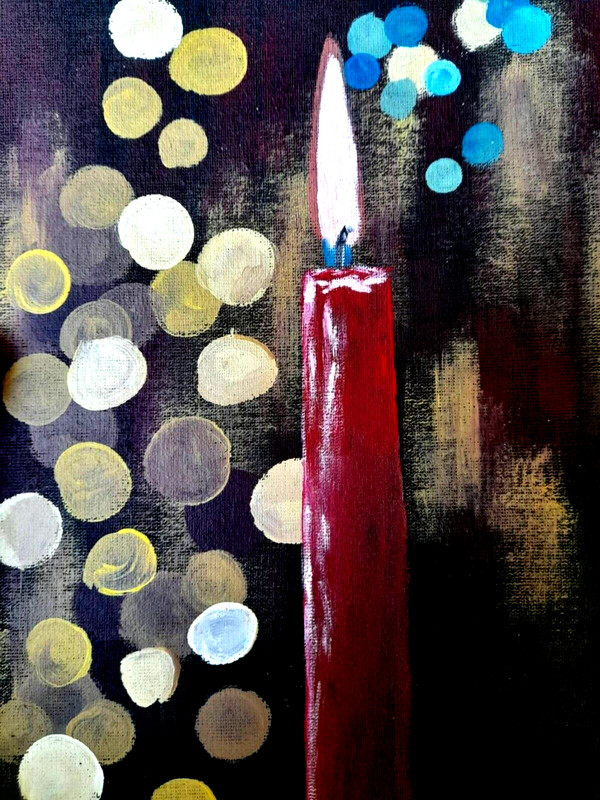 New Year Tree Painting Christmas Original Art Candles Wall Art Nativity Artwork