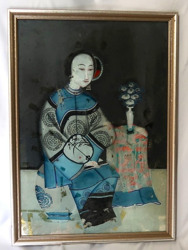 Antique Chinese Reverse Glass Portrait of a Young Woman Framed 15 1/4″ x 21 1/4″