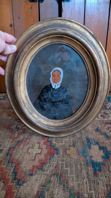 Best Antique Early Primitive Reverse Lady Painting Portrait Oval Gilt Frame 14″