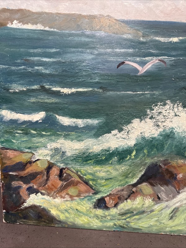 Vintage Original Oil Painting Signed Landscape Ocean Waves Coastal Sea 20x16 gallery