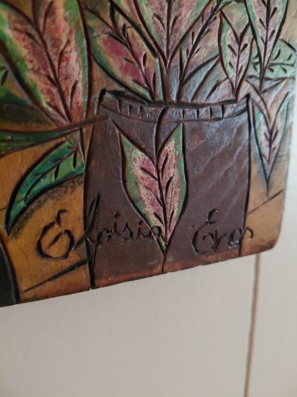 Signed Hand Carved Painted Wood Botanical Wall Panel Tropical Folk Art 24 x 10 gallery