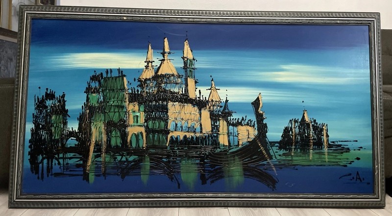 "My Gothic Castle River Landscape Mixed Media Painting 52"X28" Framed Signed gallery