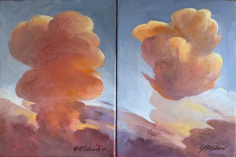 2 Original YASAMI Art Oil Paintings on canvas «Sunset Reflection 12″ x 9» each