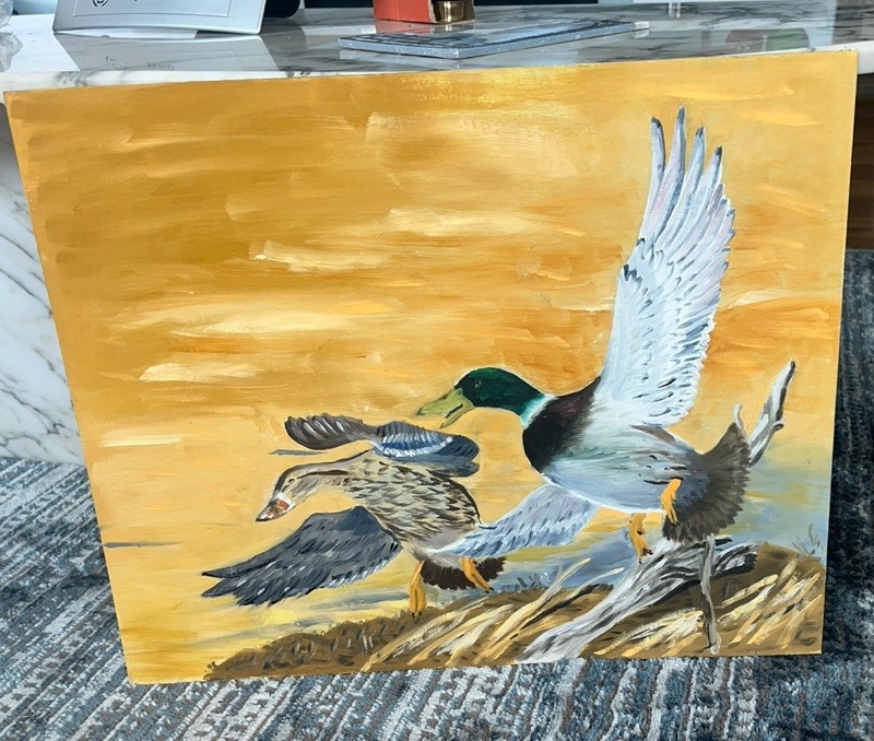 VINTAGE ORIGINAL OIL ON CANVAS PAINTING MALLARDS IN FLIGHT Unsigned