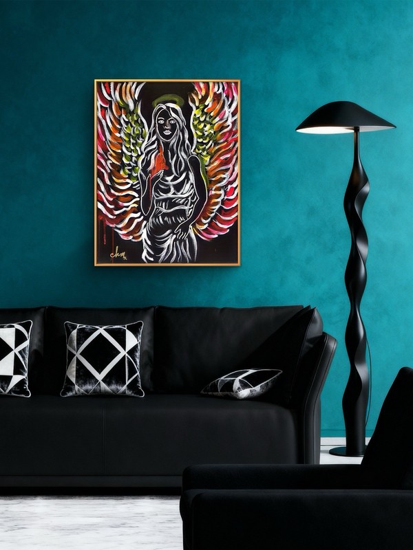 16 X 20 “Guardian Angel” Expressionism Colorful Abstract Art On Black Canvas gallery