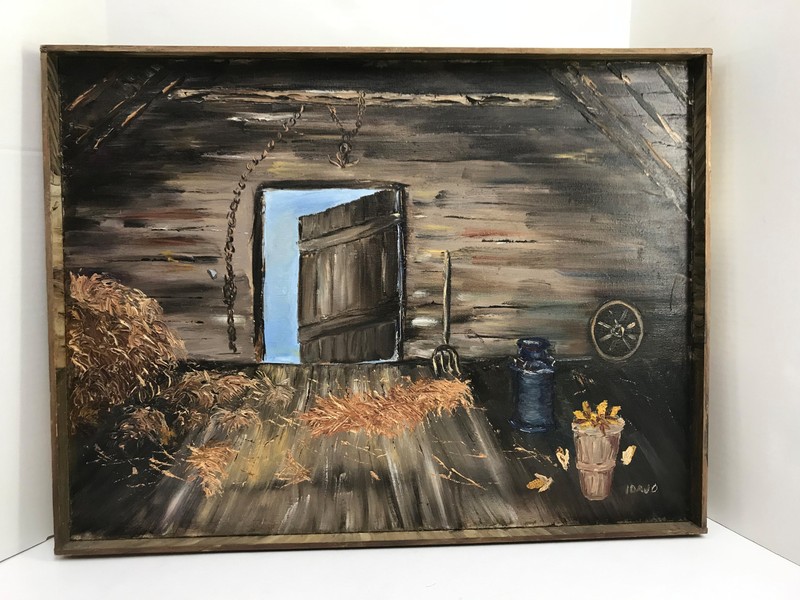 Vintage Western Horse Hay Barn Acrylic Canvas Painting with Shadow Box Fame