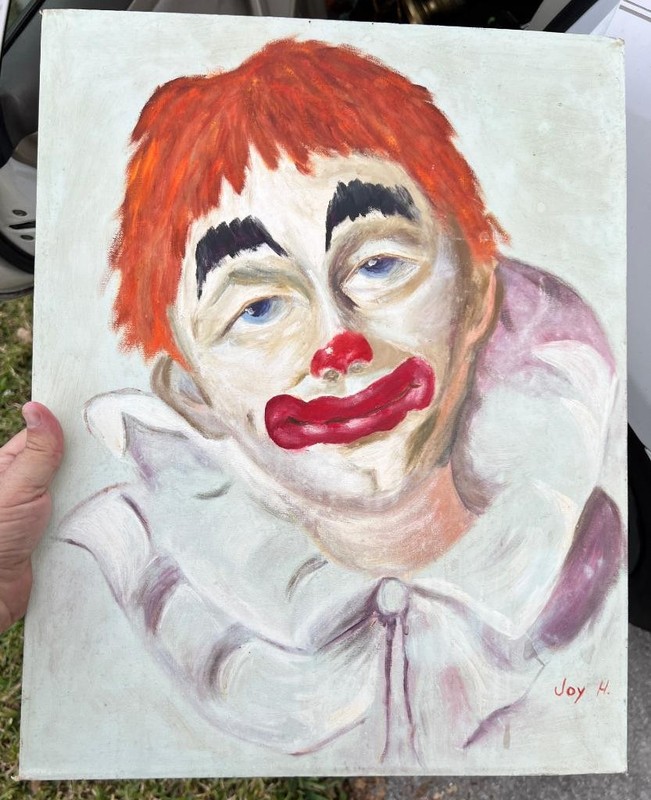 Old Vintage Original Oil Painting Circus Clown Man Portrait Art Artist Signed