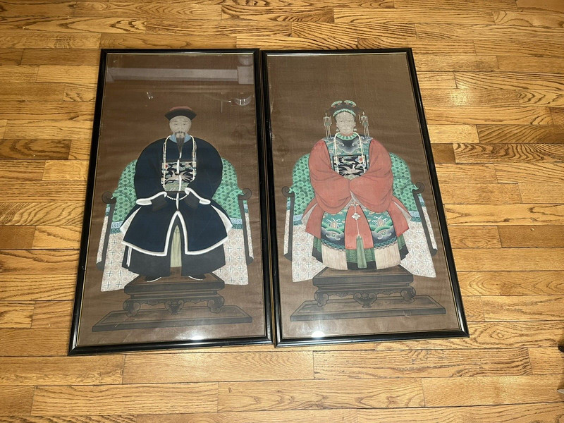 Pair of Qing Dynasty Ancestor Portrait Paintings, Framed, High Ranking Officials