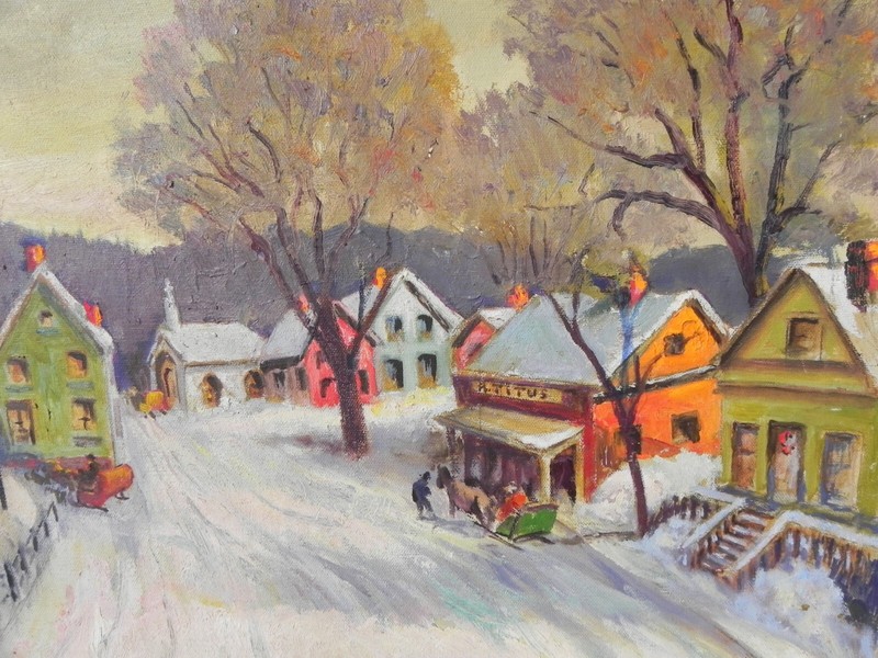 New England winter painting naive impressionist 1979 signed Titus poss. Vermont gallery