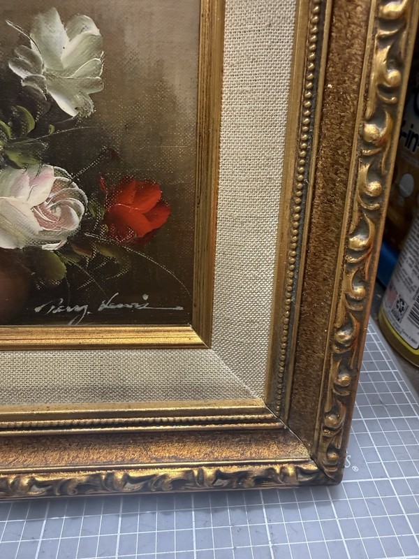 Vintage Signed Henri Floral Oil Painting Roses in Ornate Gold Frame 11x9 Still L gallery