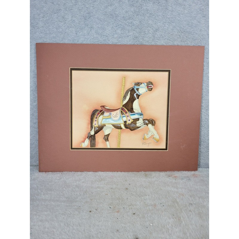 Original Don Villemez Carousel Horse Watercolor Matted Wall Art 18″ x 14″