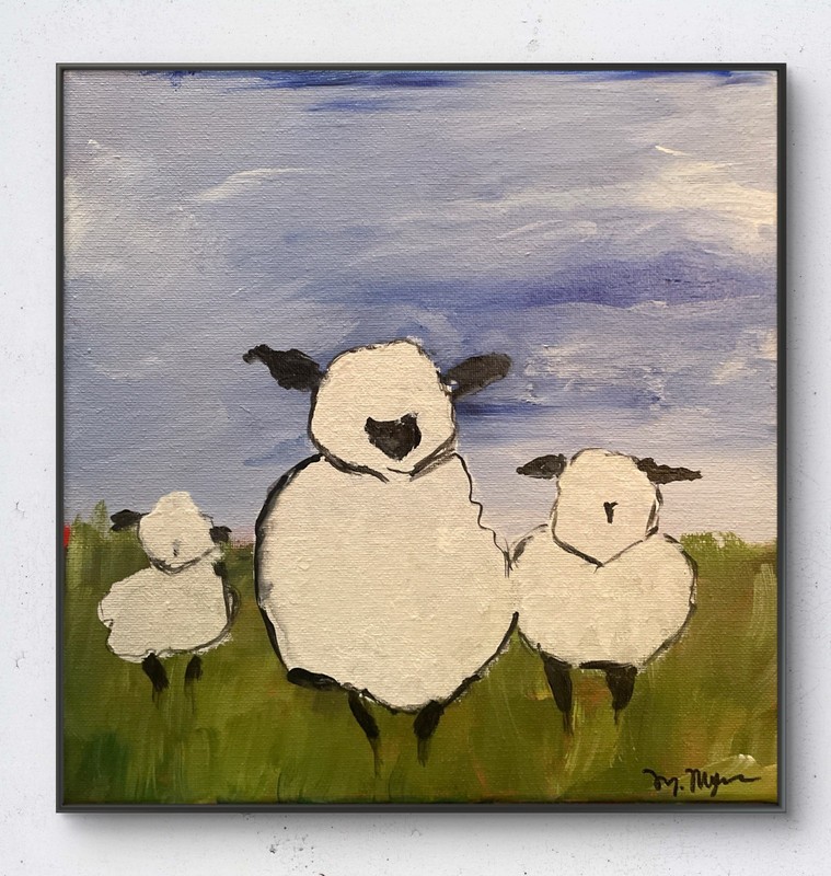 Original Sheep Field Acrylic Painting 10×10 Canvas Signed Whimsical Expressionis
