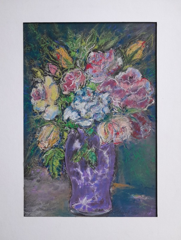 Original Pink Roses Purple Vase Floral Still Life Dry Pastel Painting 8.3×11.4in