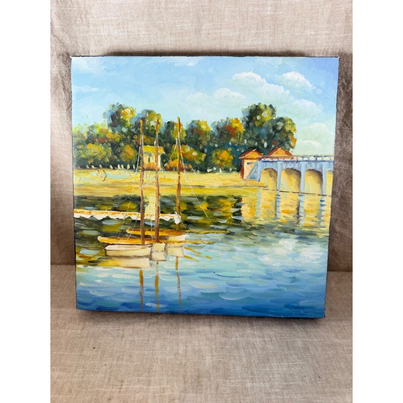 Original Impressionist Oil Painting Nautical Sailboat Bridge Landscape 12×12