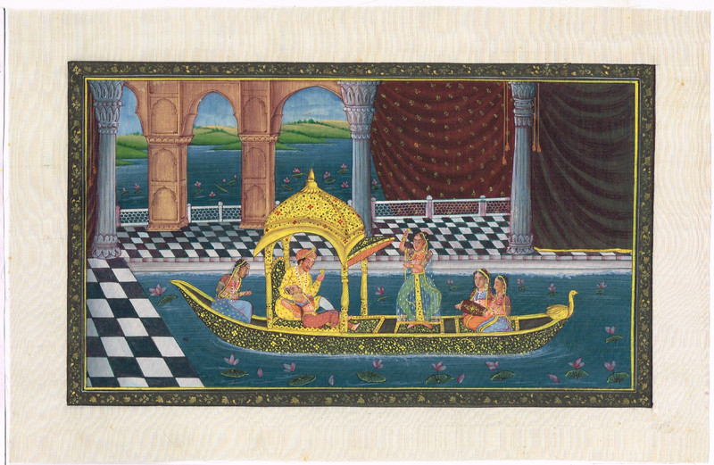 Indian Mughal King & Queen Painting Enjoying Love Scene In Boat 11×7 Inches